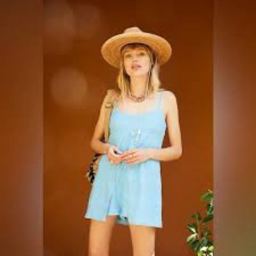 FREE PEOPLE BLUE SHORTS WOMEN LINEN ROMPER LARGE WITH ADJUSTABLE TIE STRAPS